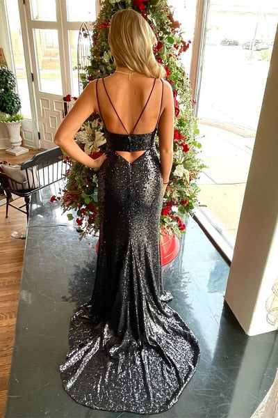 Black Sequin Keyhole Mermaid Long Prom Dress with Slit VK23121203