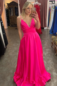 Fuchsia Plunging V Neck Straps A-line Satin Long Prom Dress with Slit VK23103004