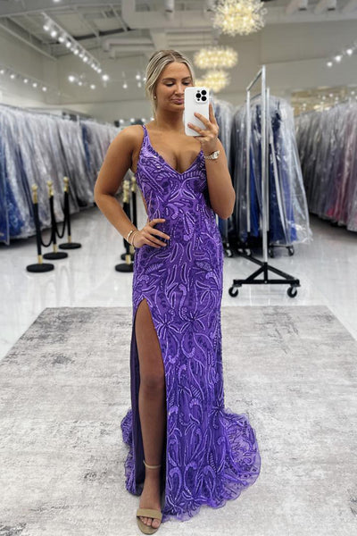 Exquisite Mermaid V Neck Purple Sequins Long Prom Dresses with Slit VK26020710