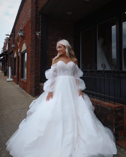 Fairy Ball Gown Sweetheart Tulle Long Wedding Dresses with Ruffled Sleeves VK23052305