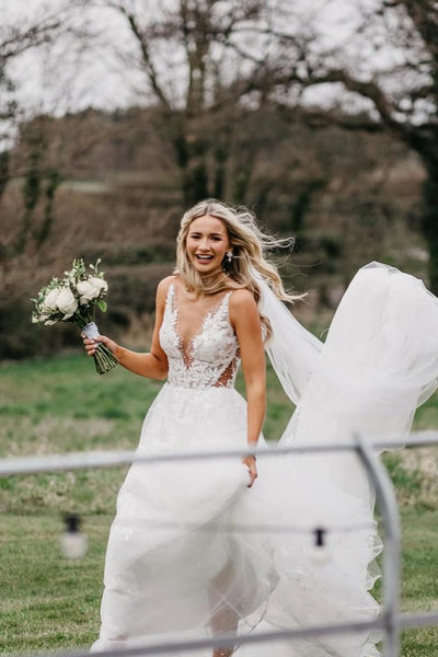 Boho A Line V Neck Tulle Wedding Dresses with Appliques VK25051403