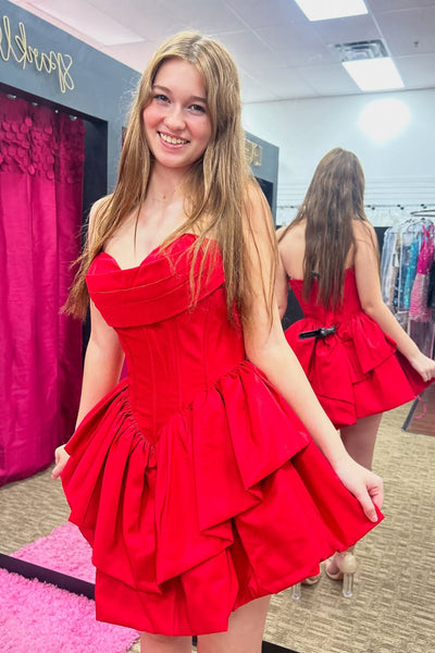 Red Sweetheart Satin Ruffle Tiered  A-Line Corcet Short Homecoming Dresses VK25091707