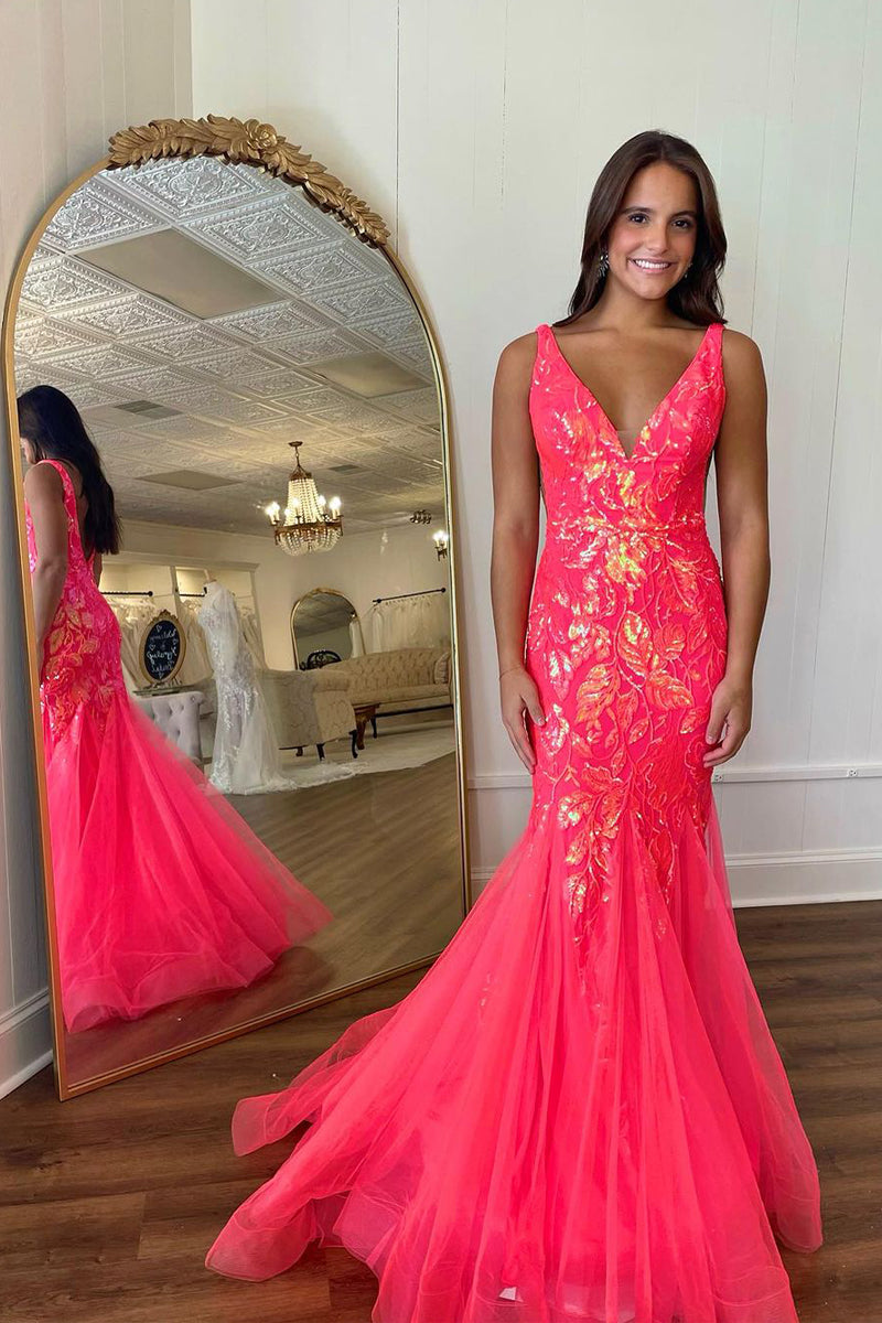 Charming Mermaid Fuchisa V Neck Sequin Lace Long Prom Dresses VK24012002