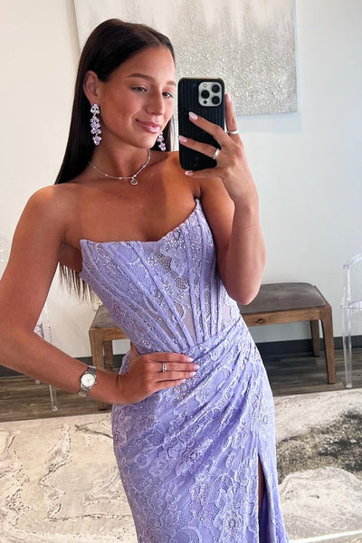Lavender Lace Strapless Mermaid Long Prom Dresses with Slit VK23122806