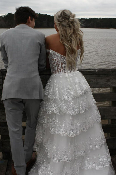 White Off the Shoulder Ruffle Tiered Tulle Long Prom Dresses with Slit VK24032801