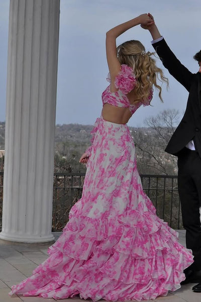 A-Line V Neck Pink Floral Printed Chiffon Ruffle Tiered Long Prom Dresses VK25031103