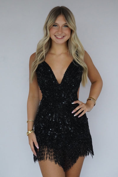 Sparkly Bodycon V Neck Black Sequins Homecoming Dress with Beading VK26080804