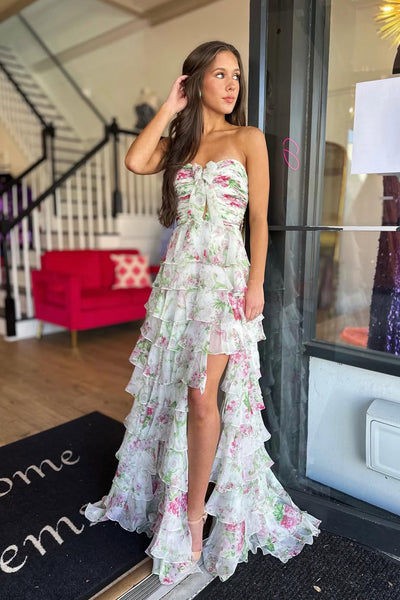 Floral Ruffle Tiered Strapless Sweetheart Pleats Long Prom Dresses with Slit VK26020603