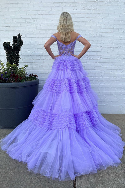 Lilac Off the Shoulder Ruffle Tiered Tulle Long Prom Dresses with Appliques VK24032405