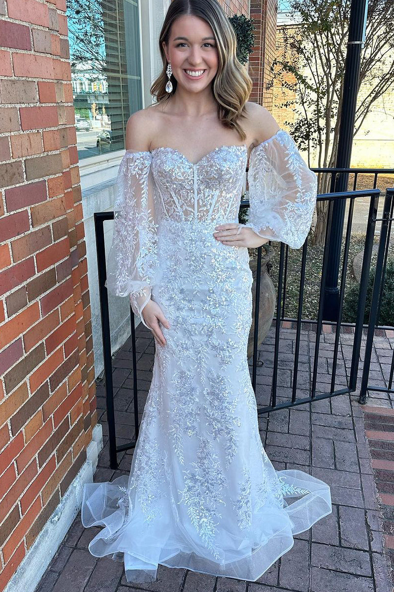 White Lace Sweetheart Mermaid Long Prom Dress with Sleeves VK23112804