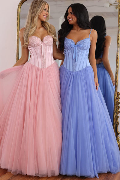 Lovely A-Line V Neck Pink Tulle Long Prom Gown Dress with Appliques VK26102604