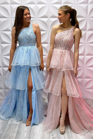 One-Shoulder Lace A-Line Tiered Long Prom Dress with Slit VK23101105