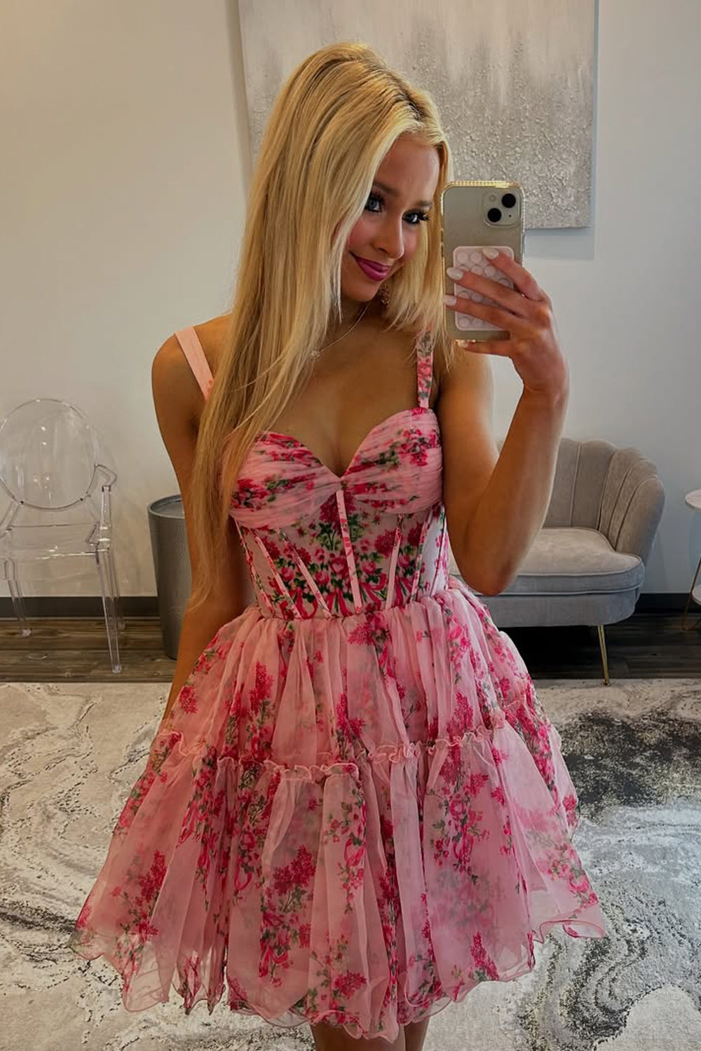 Cute A Line Sweetheart Pink Floral Chiffon Short Homecoming Dress VK25062703