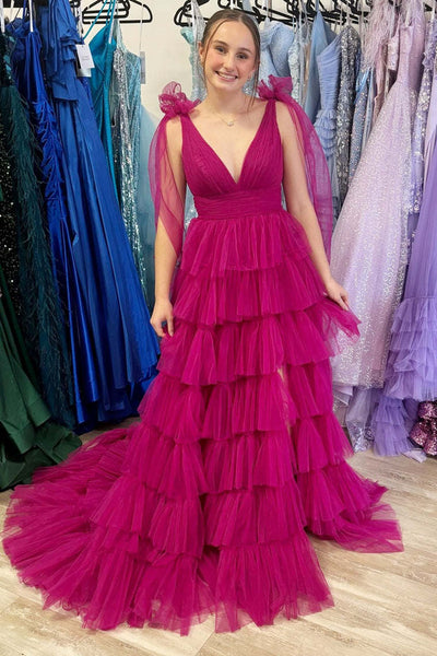 Bow Straps Fuchsia V-Neck Ruffled Tulle Long Prom Dress with Slit VK23113002