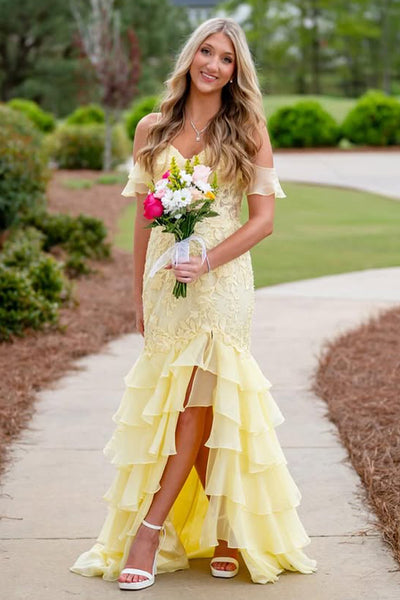 Cute Mermaid Sweetheart Daffodial Tiered Chiffon Prom Dress with Slit VK25052509