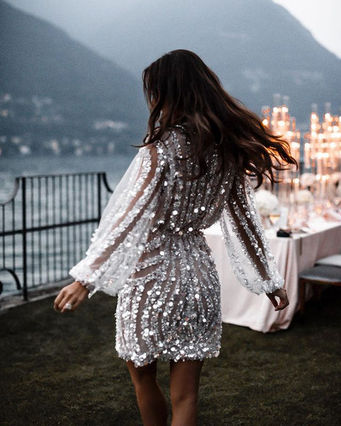 Luxurious Long Sleeves Handmade Beading Short Wedding Dress VK26070502