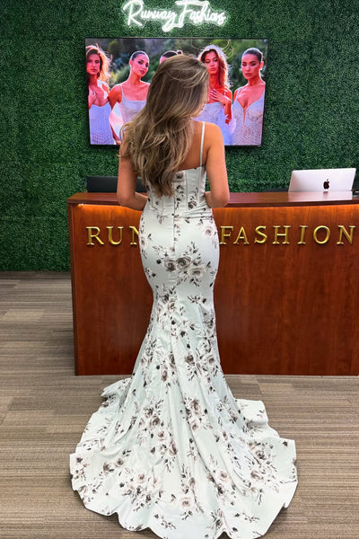 Mermaid Sweetheart Spaghetti straps Floral Printed Satin Long Prom Dresses VK26010809