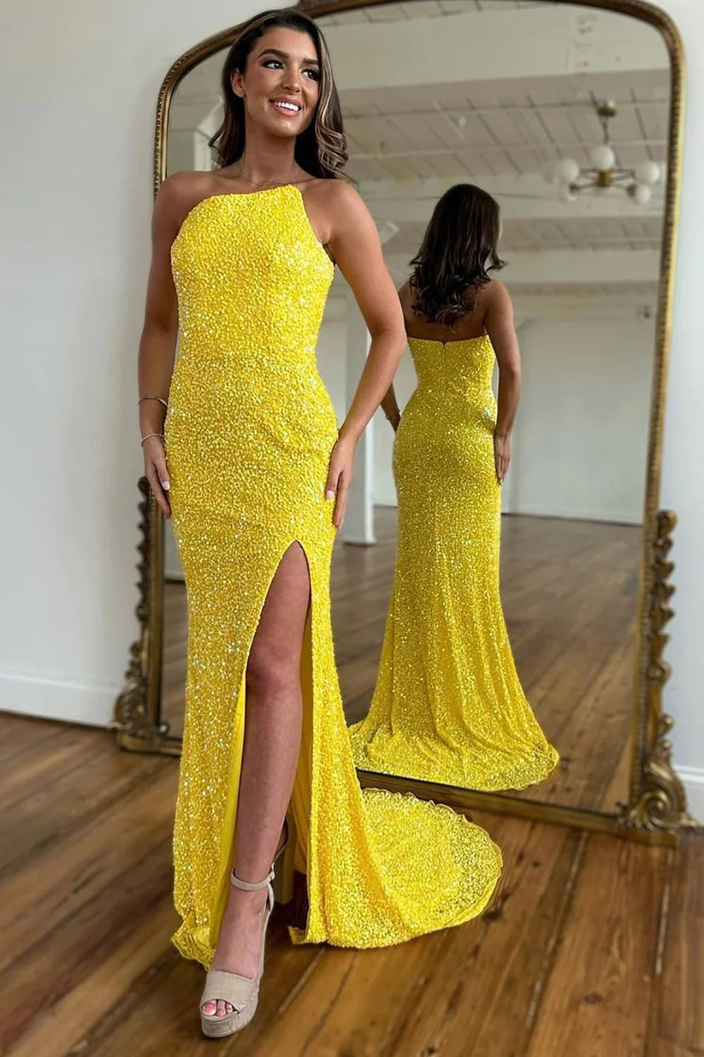 Sparkly Yellow Detachable Straps Mermaid Sequins Prom Dress with Slit VK23101401