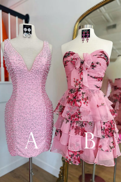 Cute Bodycon Strapless Floral Chiffon Tiered Short Homecoming Dress VK25053107