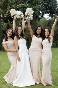 Elegant Mermaid Off the Shoulder Blush Elastic Satin Long Bridesmaid Dresses VK24112203