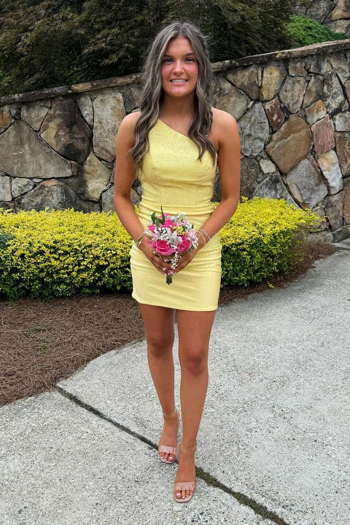 Cute Bodycon One Shoulder Yellow Satin Short Homecoming Dresses VK24100206 Vickidress Cute Bodycon One Shoulder Yellow Satin Short Homecoming Dresses VK24100206 Vickidress