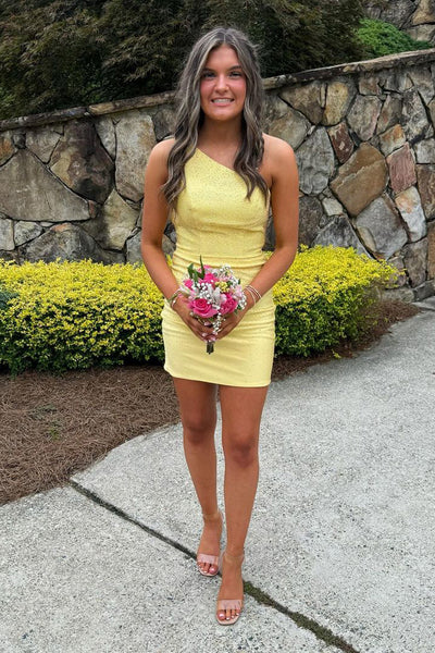 Cute Bodycon One Shoulder Yellow Satin Short Homecoming Dresses VK24100206