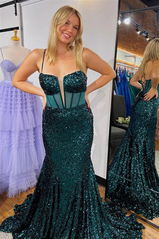 Hunter Green Mermaid Sequins Lace-Up Long Prom Dress VK23102710