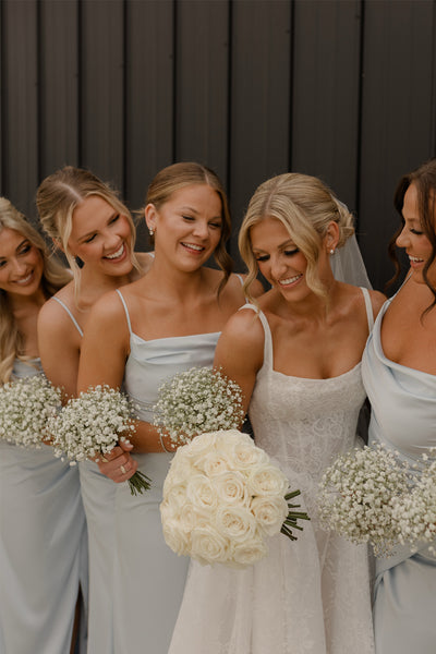 Sheath Cowl Neck Dusty Blue Satin Long Bridesmaid Dresses with Slit VK26081303