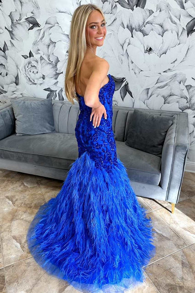 Royal Blue Feathers Beaded Strapless Trumpet Long Formal Gown VK23092401