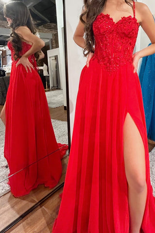Red Sweetheart Chiffon Appliques Long Prom Dress with Slit VK23122302