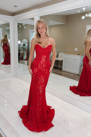 Charming Mermaid Sweetheart Neck Red Lace Long Prom Dress VK25100402
