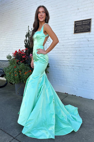 Mermaid Square Neck Mint Satin Long Prom Dress with Beading VK26031908