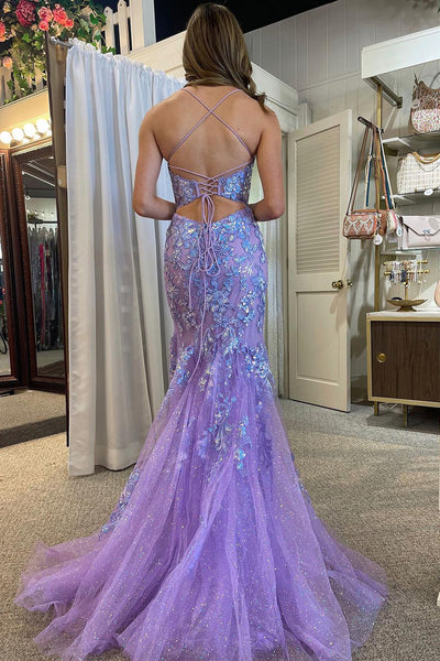 Lilac Scoop Neck Sequin Lace Mermaid Long Prom Dress VK23102405