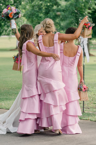 Mermaid Square Neck Bows Straps Ruffle Tiered Long Bridesmaid Dresses VK26081901