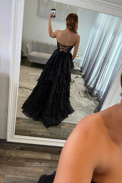 Classic Ball Gown Strapless Black Chiffon Ruffle Tiered Prom Dresses with Slit VK26010706