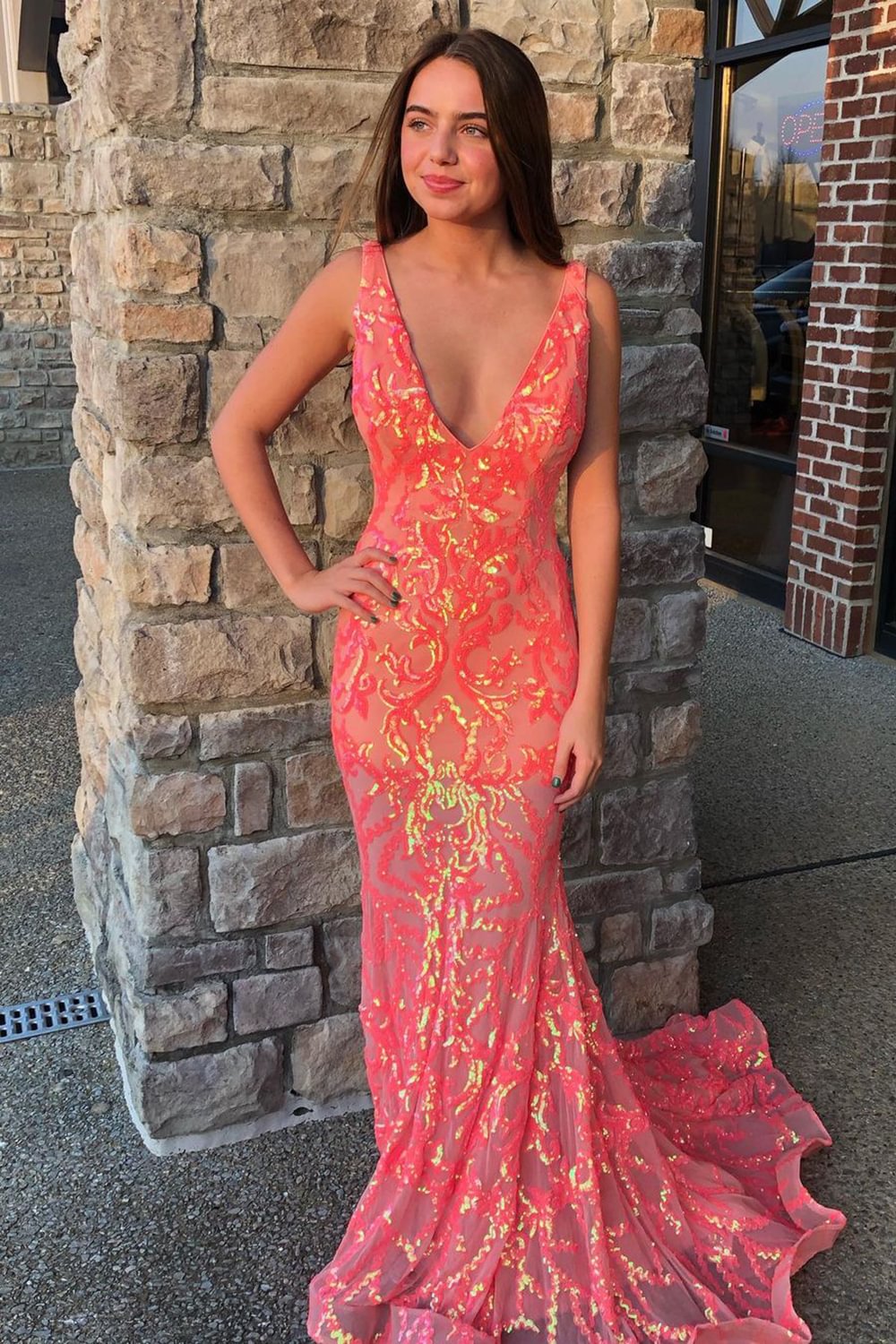 Romantic Mermaid V Neck Orange Sequin Lace Long Prom Dress VK23123004