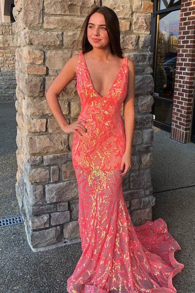 Romantic Mermaid V Neck Orange Sequin Lace Long Prom Dress VK23123004