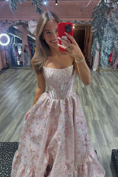 Sweet A-Line Scoop Neck Pink Jacquard Satin Prom Dresses VK26102601