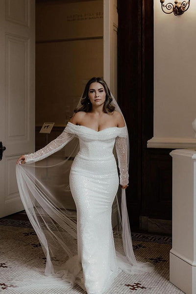 Gorgeous Mermaid Off the Shoulder Sequins Lace Long Wedding Dresses VK112119