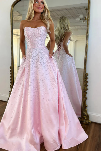 Pink A Line Sweetheart Hot Fix Satin Long Prom Dress with Beading VK26031201