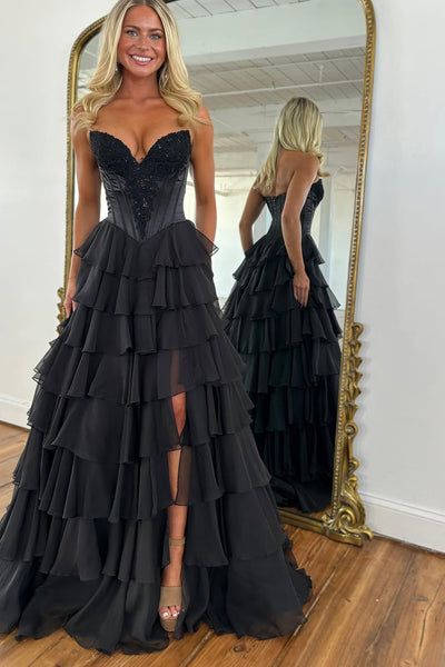 Black A-Line Strapless Chiffon Tiered Prom Dress with Slit VK26010801