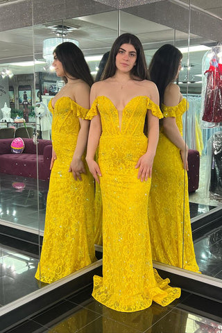 Yellow Off the Shoulder Corset Lace Prom Dress With Beading VK24030205
