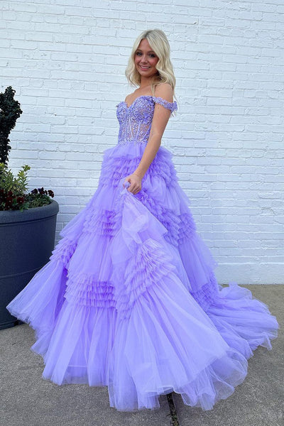 Lilac Off the Shoulder Ruffle Tiered Tulle Long Prom Dresses with Appliques VK24032405