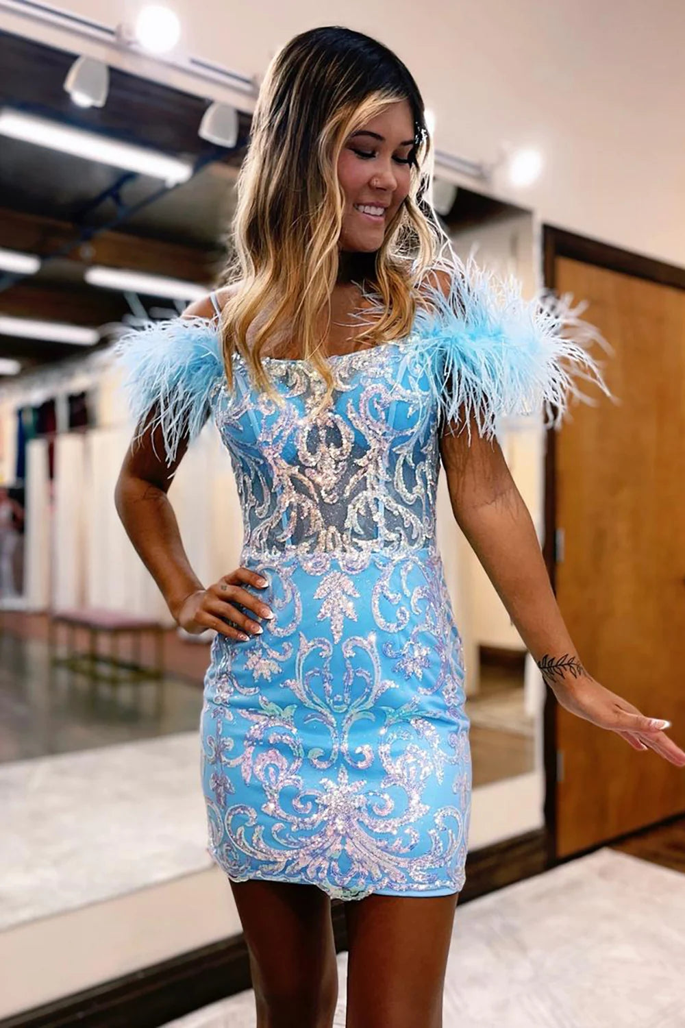 Sheath Off the Shoulder Light Blue Short Homecoming Dress with Feathers VK23080905