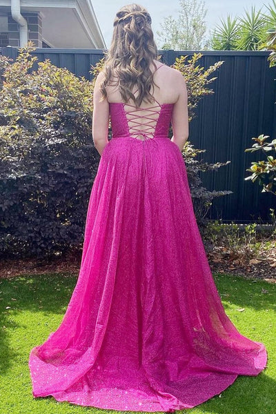 Glitter Cowl Neck Lace-Up A-Line Long Prom Dress VK23122103