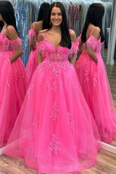 Hot Pink Tulle Applique Cold-Shoulder A-Line Prom Dress with Feathers VK23110105