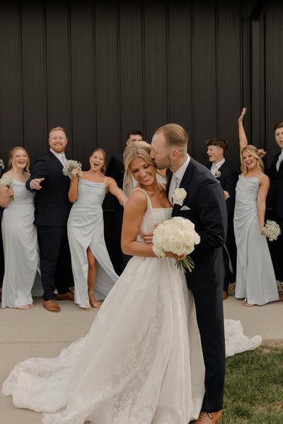 Sheath Cowl Neck Dusty Blue Satin Long Bridesmaid Dresses with Slit VK26081303