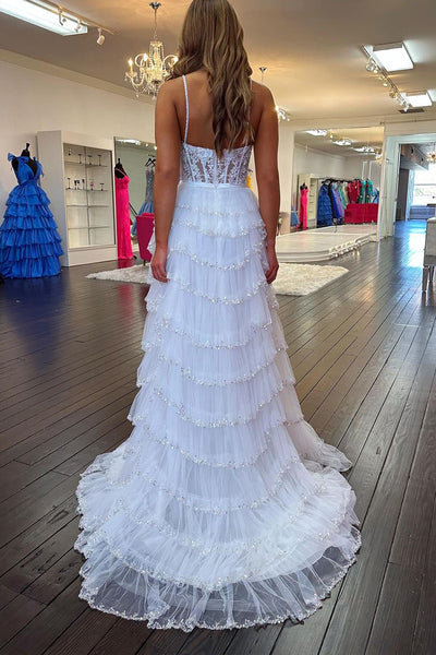 White Tulle Appliques Sweetheart Long Prom Dresses with Slit VK23111201