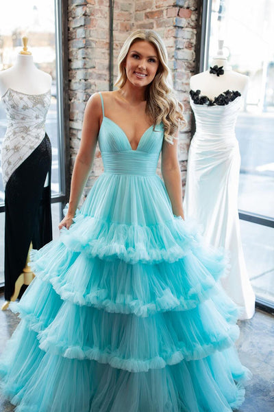 Charming A-Line V Neck Ruffle Tiered Tulle Long Prom Dresses VK24021103