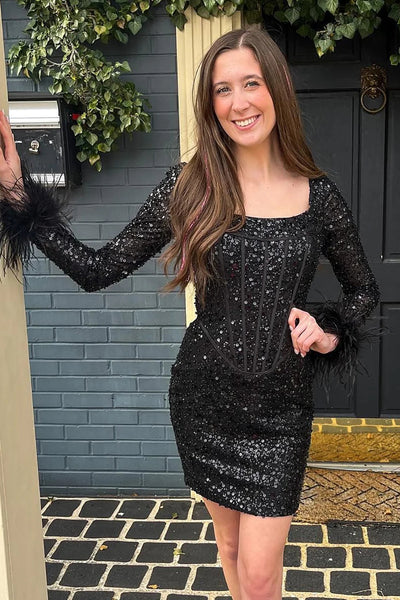 Sparkly Black Corset Long Sleeves Tight Short Hoco Dress with Feathers VK23062404
